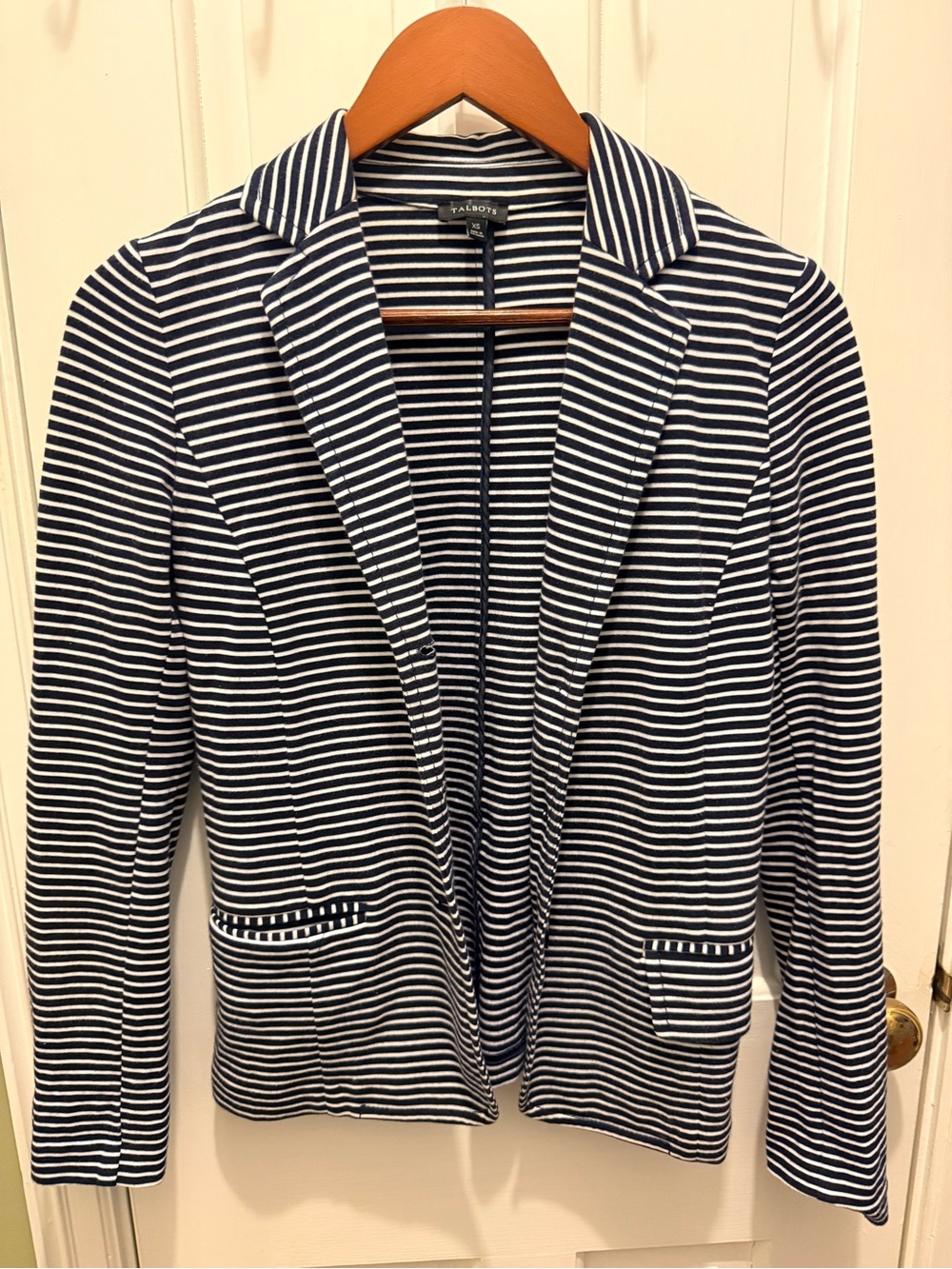 Talbots Navy and White Striped Knit Blazer Jacket